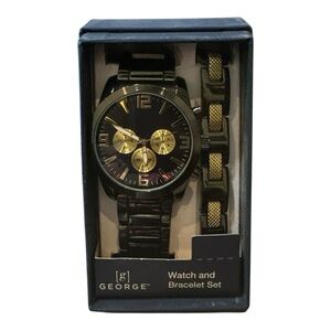 George Men’s Black & Gold Watch and Bracelet Set  – Stainless Steel Style